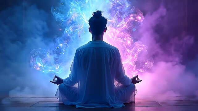 Woman Meditating in Front of Colorful Smoke