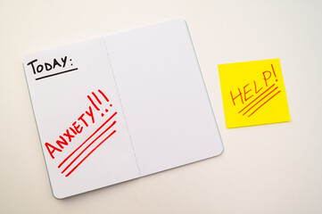 Blank journal page, with the word Anxiety in red. Anxiety and a request for help.
