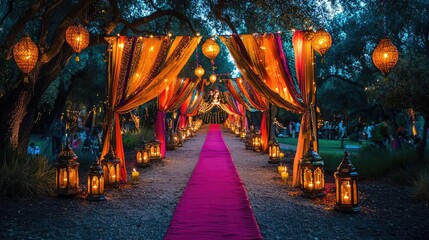 A beautifully lit pathway adorned with colorful drapes and lanterns, creating a magical ambiance for a nighttime celebration.