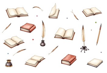 Book stacks and writing supplies on bookshelf. Seamless border with textbooks and stationery. Hand drawn watercolor illustration isolated. Knowledge for all. Template background for wallpaper, covers.