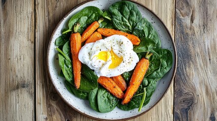 Delicious spinach salad with boiled eggs and roasted carrots, rustic wooden table.
