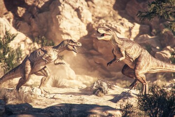 Two dinosaurs facing off in rocky desert terrain