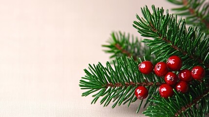 Obraz premium Close-up of a pine branch adorned with red berries, perfect for holiday decorations.