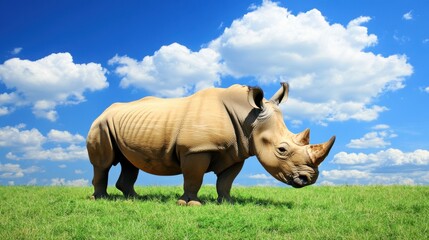 Majestic Rhinoceros Grazing Under Blue Sky