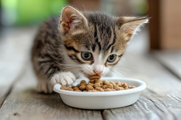 Kitten Eating. Tabby Cat Enjoying Meal from White Bowl on Wooden Floor