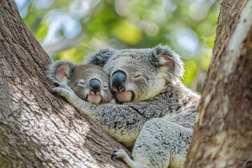Fototapeta premium Koalas: Mother and Baby Adorable Mammals in Australian Wildlife Habitat