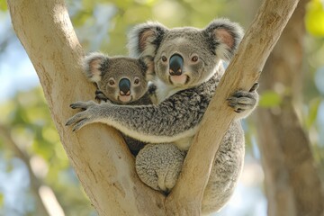 Obraz premium Koalas: Mother and Baby Koalas on a Tree in Australian Wildlife