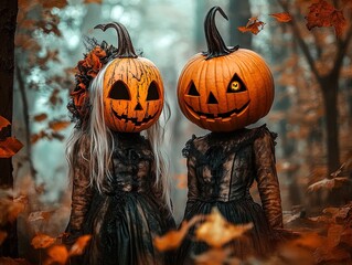 Whimsical Halloween Encounter: Two Figures in Pumpkin Masks Amidst a Foggy Forest, Perfect for Festive Posters and Autumn-Themed Decor