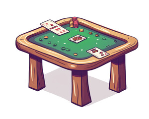 Illustrated poker table with cards and chips on a white isolated background.