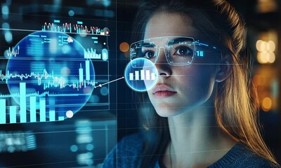 businesswoman wearing vr glasses using digital tablet to analyze financial graph hologram with double exposure. concept of technology and data management. - Powered by Adobe
