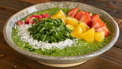 Vibrant smoothie bowl topped with fresh fruits, nuts, and seeds for a healthy breakfast treat