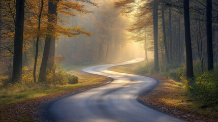 Obraz premium A long, winding road disappearing into a misty forest, early morning light