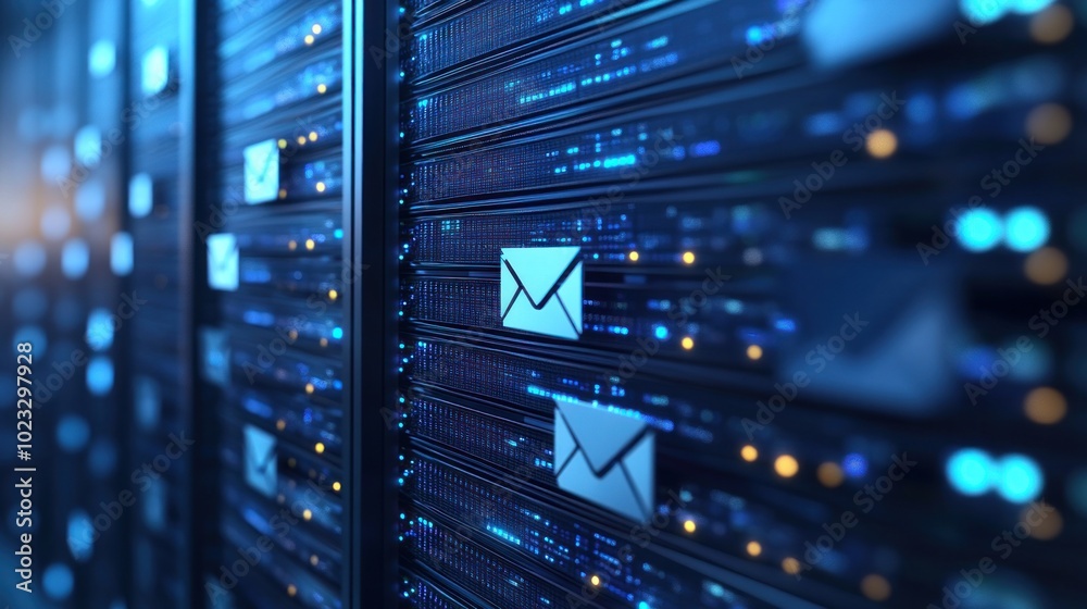 Poster a close-up view of server racks with illuminated lights and email icons symbolizing data storage.
