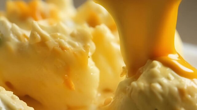 Baker is pouring a creamy cheddar cheese sauce into a bowl, the smooth texture of the sauce is perfect for dipping or nachos