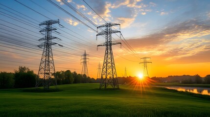 A beautiful sunrise over the countryside with power lines and a Flemish energy company's electric grid, energy storage facility