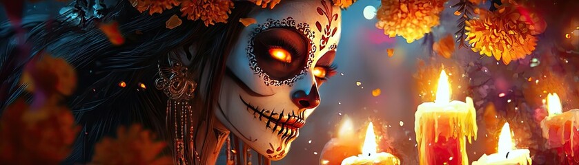 Fototapeta premium A colorful Day of the Dead celebration with a decorated skull figure surrounded by candles and vibrant marigold flowers.