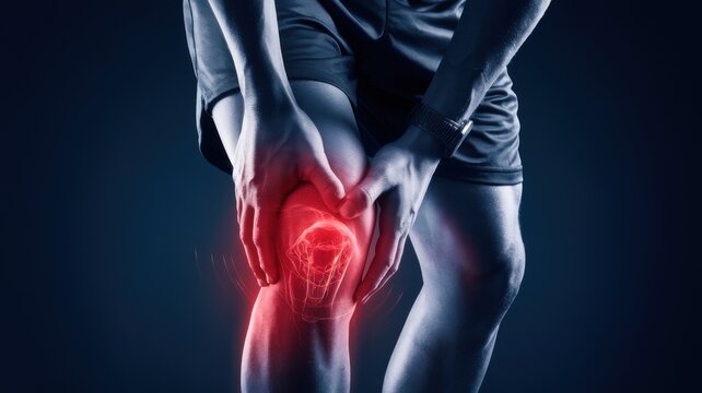 Person holding knee in pain, dramatic lighting, focus on injury, dark background.
