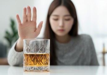 Woman rejects an alcoholic drink while sitting at a table
