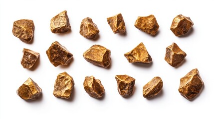Obraz premium Group of rough-textured gold nuggets arranged on a clean white background