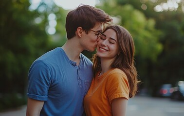 Obraz premium Young couple sharing a tender moment outdoors in the afternoon sun