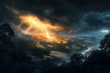 Obraz premium Lightning Strike Over a Misty Forest Landscape