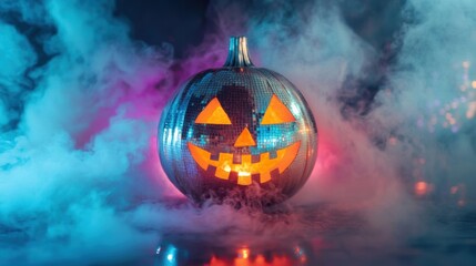 Naklejka premium A glittering disco pumpkin lights up a Halloween celebration in fog