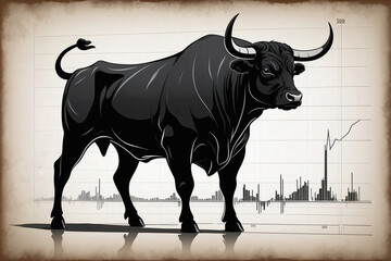 Black Bull Silhouette Against a Background of Stock Charts, Symbolizing Confidence