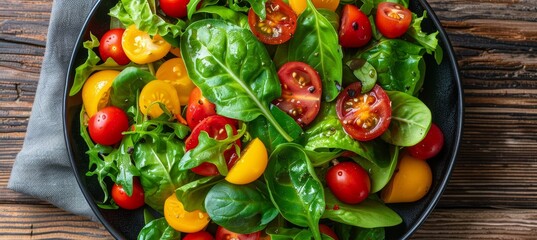 Vibrant and fresh garden salad artfully arranged on a rustic wooden table for a healthy meal