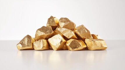 Pile of raw gold nuggets with bright reflections on a clean white background