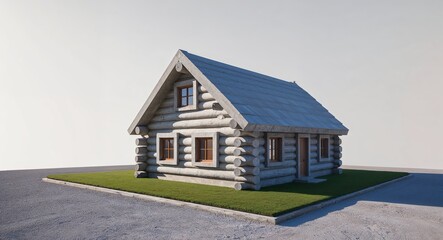 Cement log cabin house with smooth stone facade on plain white background