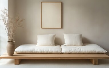 Japandi minimalist living room with a white modular sofa and a rectangular wooden coffee table. 