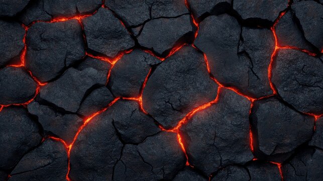 Abstract lava stone texture with dark black, deep red, and glowing orange cracks, creating a molten rock effect on a plain background 