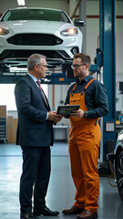 A business professional discusses vehicle maintenance with a mechanic in a modern garage. This image is ideal for automotive service promotions, corporate training, and industry publications