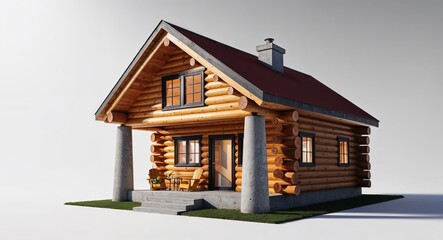 Naklejka premium Log cabin house with cement pillars and steel frames on plain white background