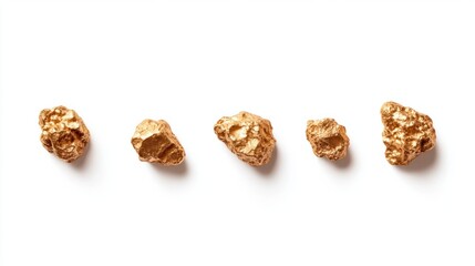 Set of textured gold nuggets of different sizes arranged on a clean white background