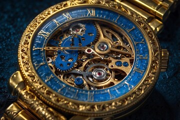 Obraz premium Close-Up of a Luxurious Clock Dial Featuring Gilded Mechanisms and Designed Gears