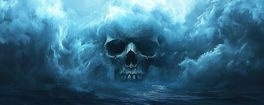 A haunting image of a skull emerging from dark clouds, symbolizing mystery and the unknown in a dramatic atmosphere.