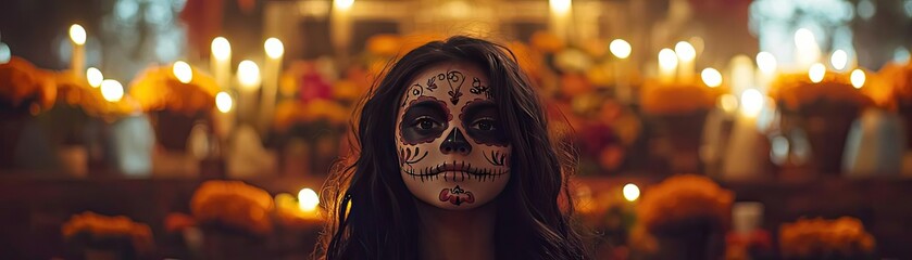 A woman adorned with a decorative skull face paint, celebrating a traditional festival surrounded by candles and vibrant flowers.