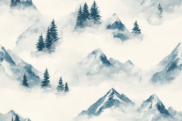 Obraz premium Watercolor Mountain Landscape Pattern - Misty Forest and Peaks