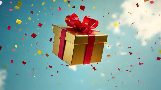 Gold Gift Box with Red Ribbon and Confetti Falling from the Sky