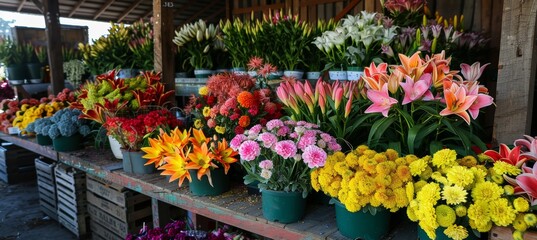 Lively farmer   s market featuring fresh fruits, vegetables, and colorful blooms