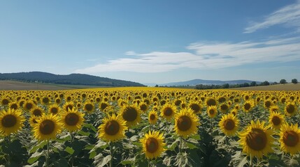 A field of sunflowers in full bloom, with plenty of room for text in the sky
