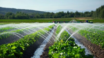 A fresh water irrigation system working across a large field, with room for copy in the background