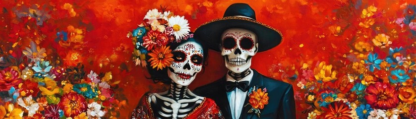 Vibrant Day of the Dead couple portrait with colorful flowers, celebrating life and love in a festive, artistic style.