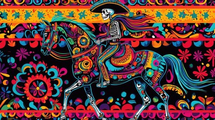 Vibrant illustration of a skeleton in a sombrero riding a decorated horse, surrounded by floral patterns and bold colors.