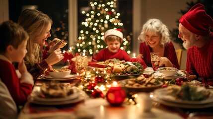 A family of five enjoys a festive Christmas dinner around a decorated table, sharing a warm meal and laughter.