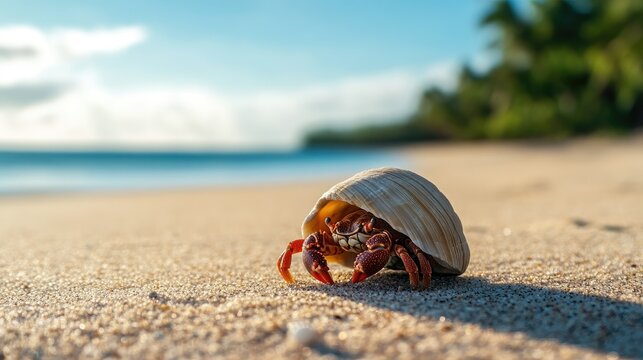 A hermit crab hiding inside its shell on a sunny beach. Copy space in the background