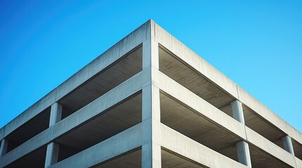 A large concrete parking structure against a clear blue sky, perfect for adding your text