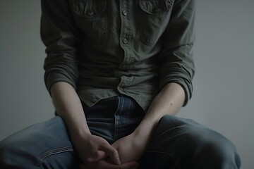 A close-up of a seated person, hands clasped, wearing a button-up shirt. The background is muted, emphasizing a contemplative mood.