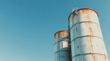 A large grain silo against a clear blue sky. Ample space for adding your content